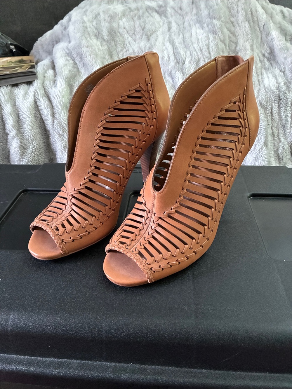 Vince Camuto Cognac Woven Peep-Toe Heeled Booties